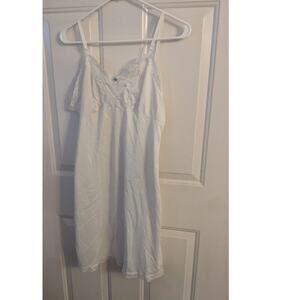 Vintage White Nylon Nightgown Adjustable Straps, Blue Rosette and Lace Detail